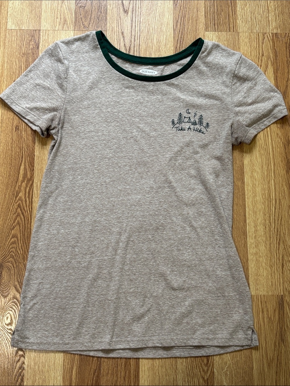 Old Navy “Take a Hike” Short Sleeve Tee with Dark Green Neck Trim
